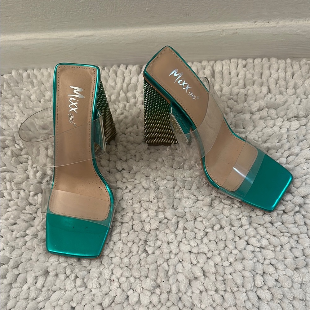 Mixx Shuz Teal and Clear Block Heels
